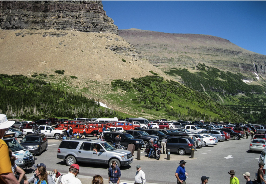 A crowded parking lot at Logan Pass. Photo courtesy of Glacier National Park.